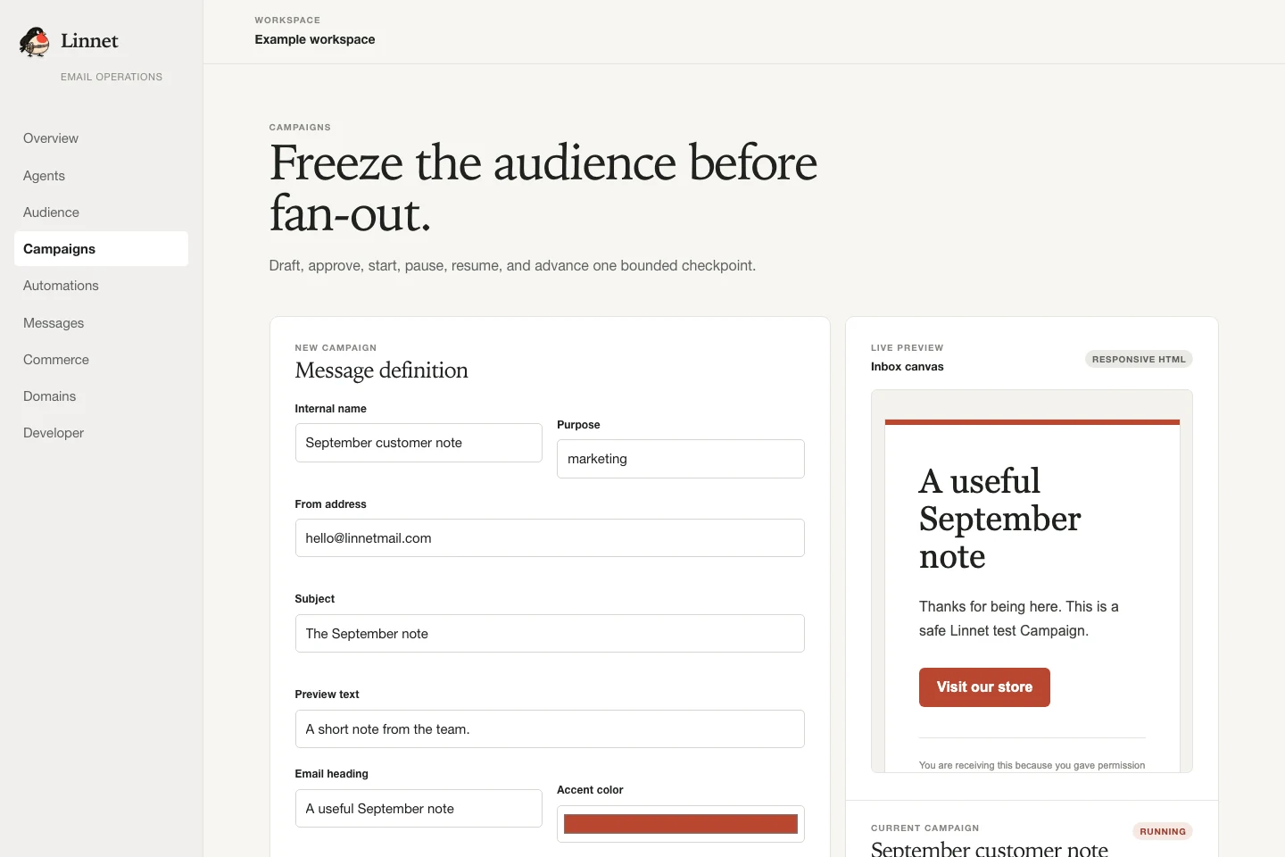 Linnet campaign workspace with audience, message, and approval controls