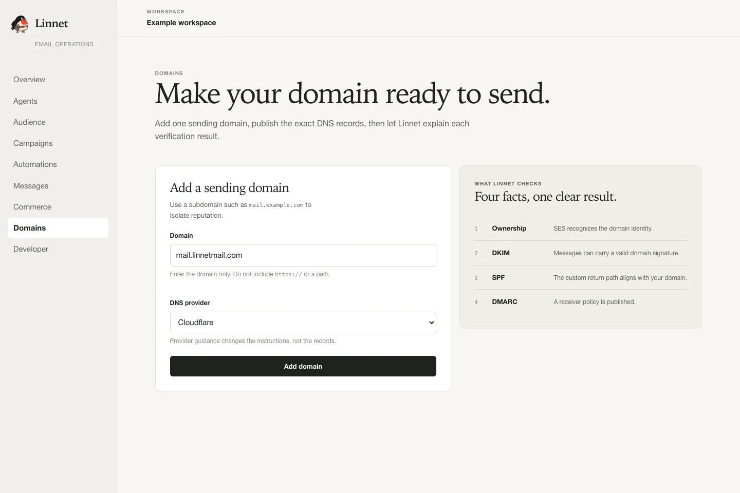 Linnet deliverability workspace showing domain readiness